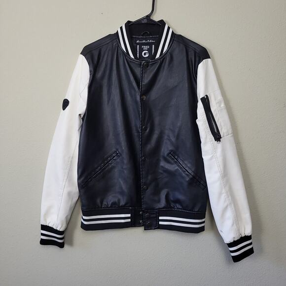 Fried Denim NYC Mens Black White Long Sleeve Snap Front Varsity Jacket Sz Small - Picture 1 of 12